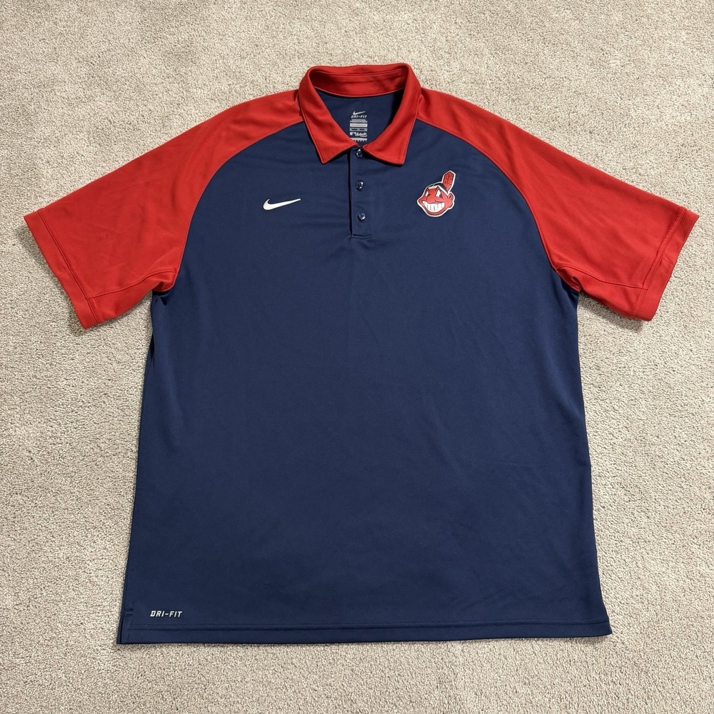 Nike Cleveland Indians Polo Shirt Mens Sz XL Navy Blue Red Short Sleeve Golf MLB